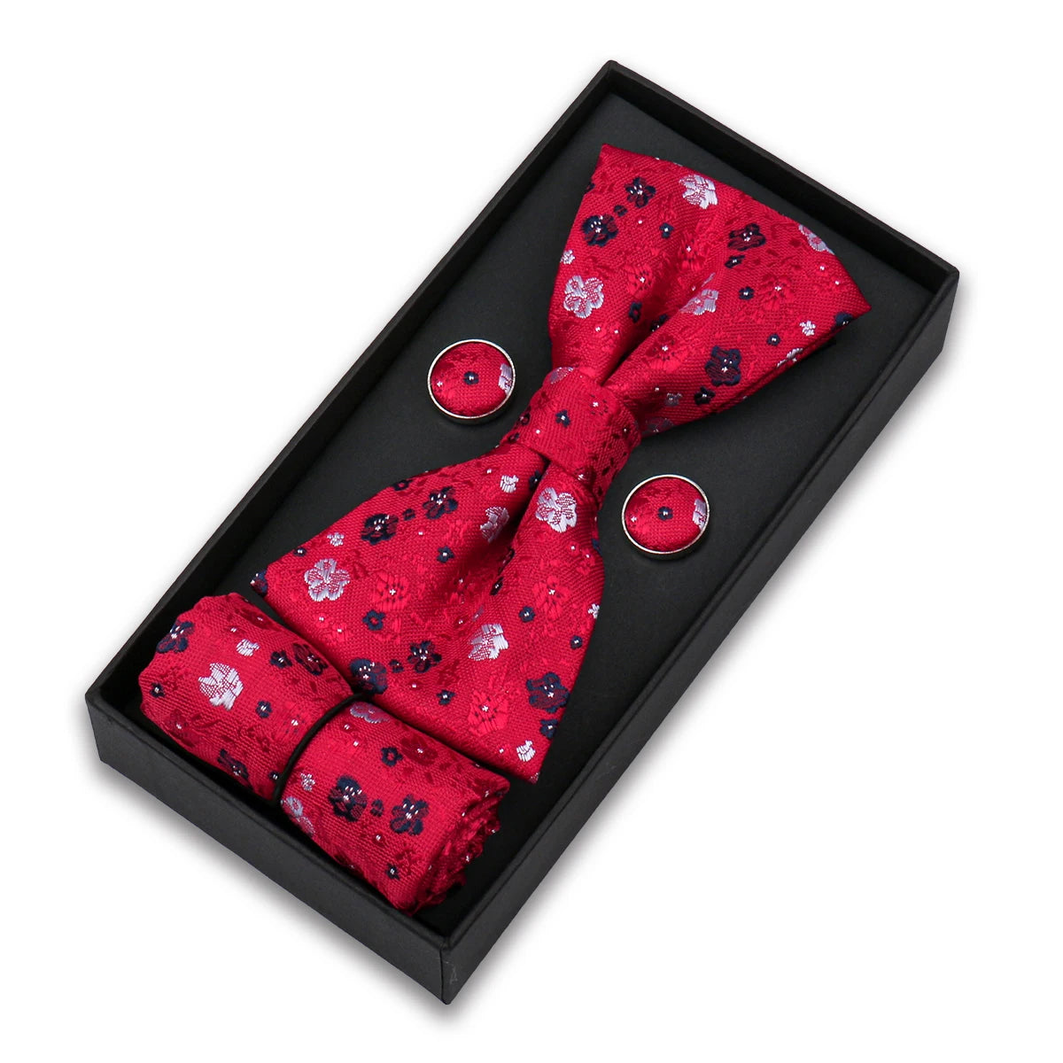 Herren Fliegen-Set – 3-teiliges Geschenkset mit Fliege, Einstecktuch & Manschettenknöpfen | Elegantes Rotes Accessoire für Business & Hochzeit