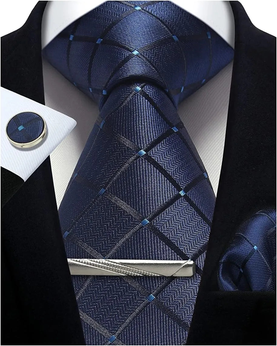 Herren Krawatten-Set aus 100% Seide – 8 cm Krawatte mit Einstecktuch & Manschettenknöpfen | Klassisches Geschenkset für Business & Hochzeit Kaufschwan®