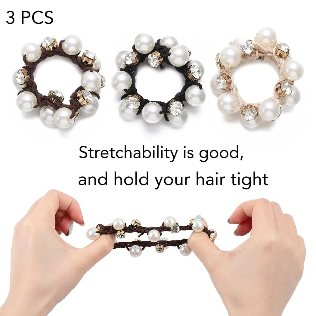 3 Stück Faux Perlen Haargummis mit Glitzer-Strass | Retro-Stil Scrunchies für Damen Kaufschwan®