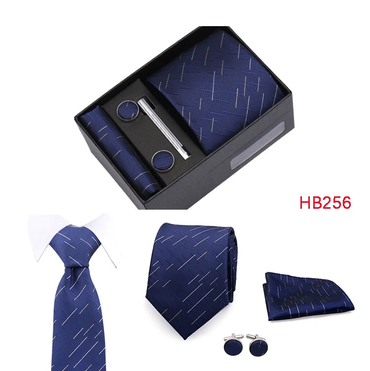 Herren Jacquard-Krawatten-Set 8 cm – Elegante Krawatte mit Einstecktuch, Manschettenknöpfen & Krawattenklammer | Luxus-Geschenkbox für Hochzeit & Business