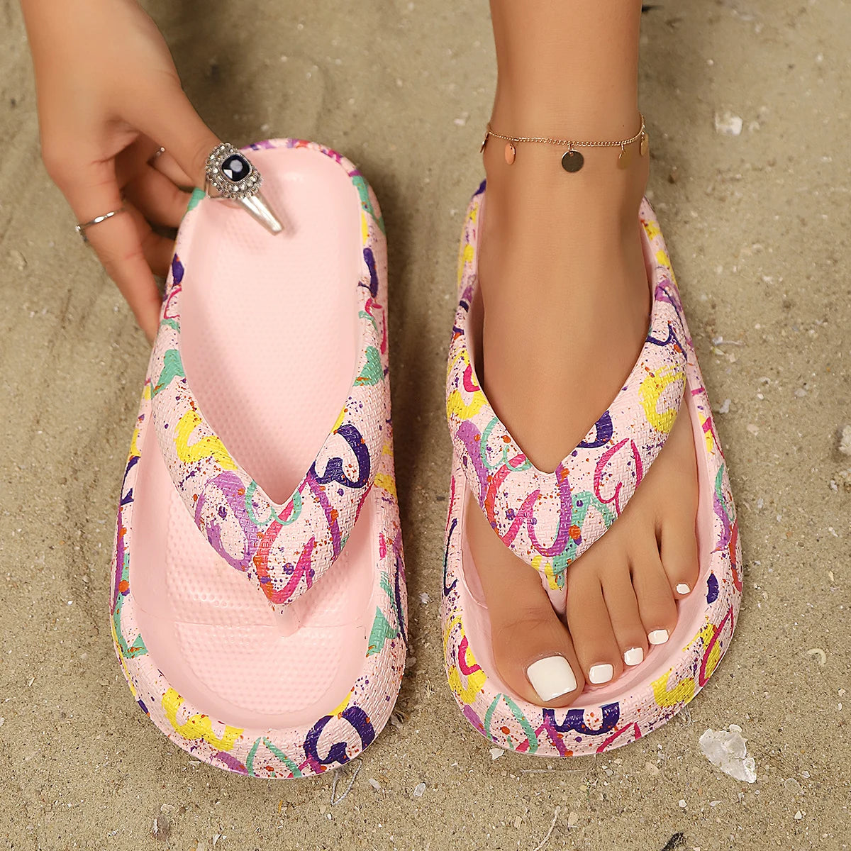 Damen Trendy Flip-Flops mit buntem Herz-Doodle | Sommer-Sandalen | Strand, Urlaub & Hausslipper Kaufschwan® Rosa 40-41