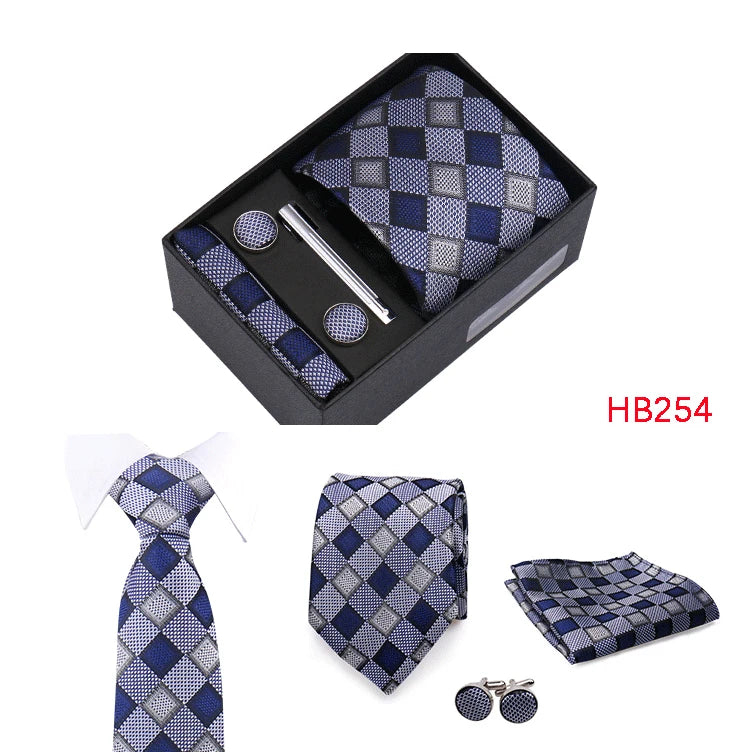 Herren Jacquard-Krawatten-Set 8 cm – Elegante Krawatte mit Einstecktuch, Manschettenknöpfen & Krawattenklammer | Luxus-Geschenkbox für Hochzeit & Business