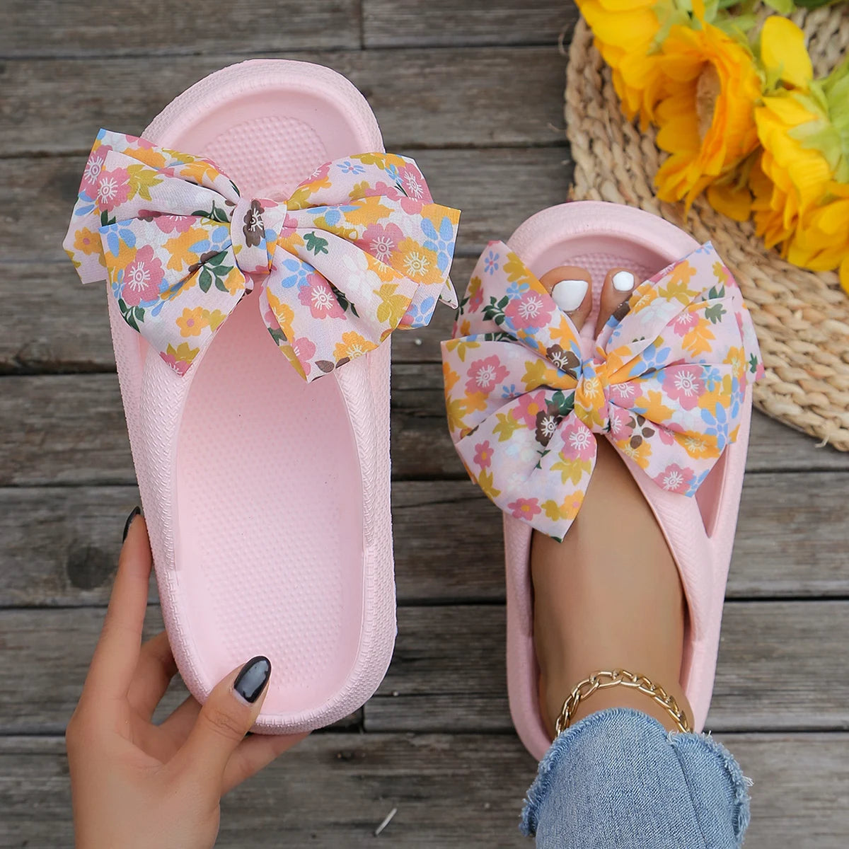 Damen Sommer Flip-Flops mit Leopardenmuster & Schleife | Weiche Dicksohlen-Cloud-Slipper | Strand- & Urlaubssandalen Kaufschwan® Design 9 44-45