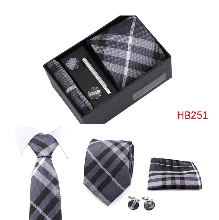 Herren Jacquard-Krawatten-Set 8 cm – Elegante Krawatte mit Einstecktuch, Manschettenknöpfen & Krawattenklammer | Luxus-Geschenkbox für Hochzeit & Business