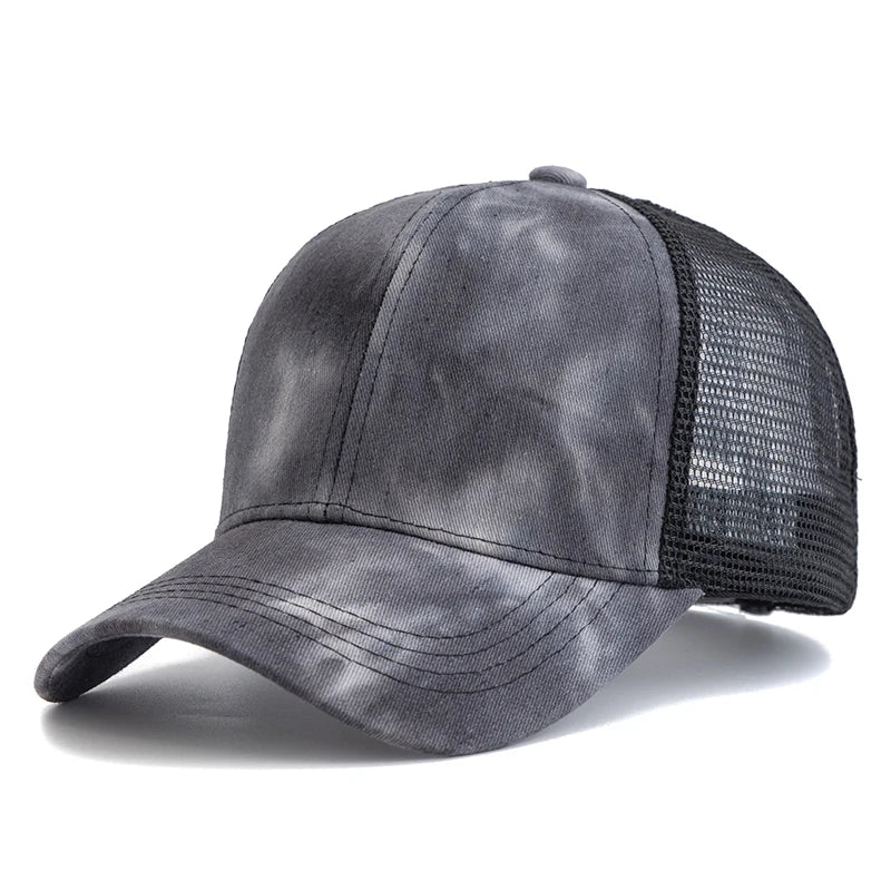 Neue Damen Ponytail Kappe | Tie-Dye Baseballkappe | Streetwear Trucker Hat Kaufschwan® Schwarz 56cm-60cm