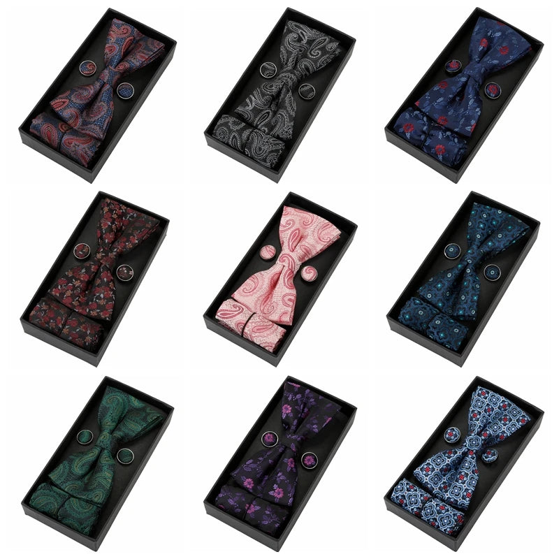 Herren Fliegen-Set mit Blumen-Paisley-Muster – 3-teiliges Geschenkset mit Fliege, Einstecktuch & Manschettenknöpfen | Elegantes Accessoire für Hochzeit & Business Kaufschwan®