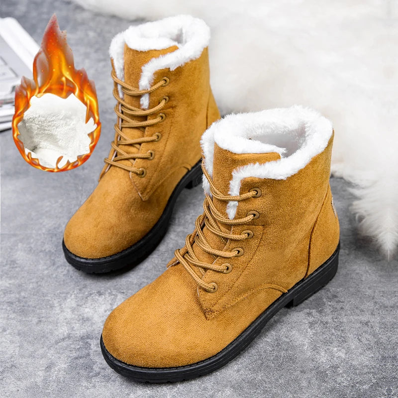 Damen Schneestiefel – Flache Plateau Winter Schuhe | Warme Kunstfell Gefütterte Plüsch Stiefel für Damen | Bequeme Winter Schuhe