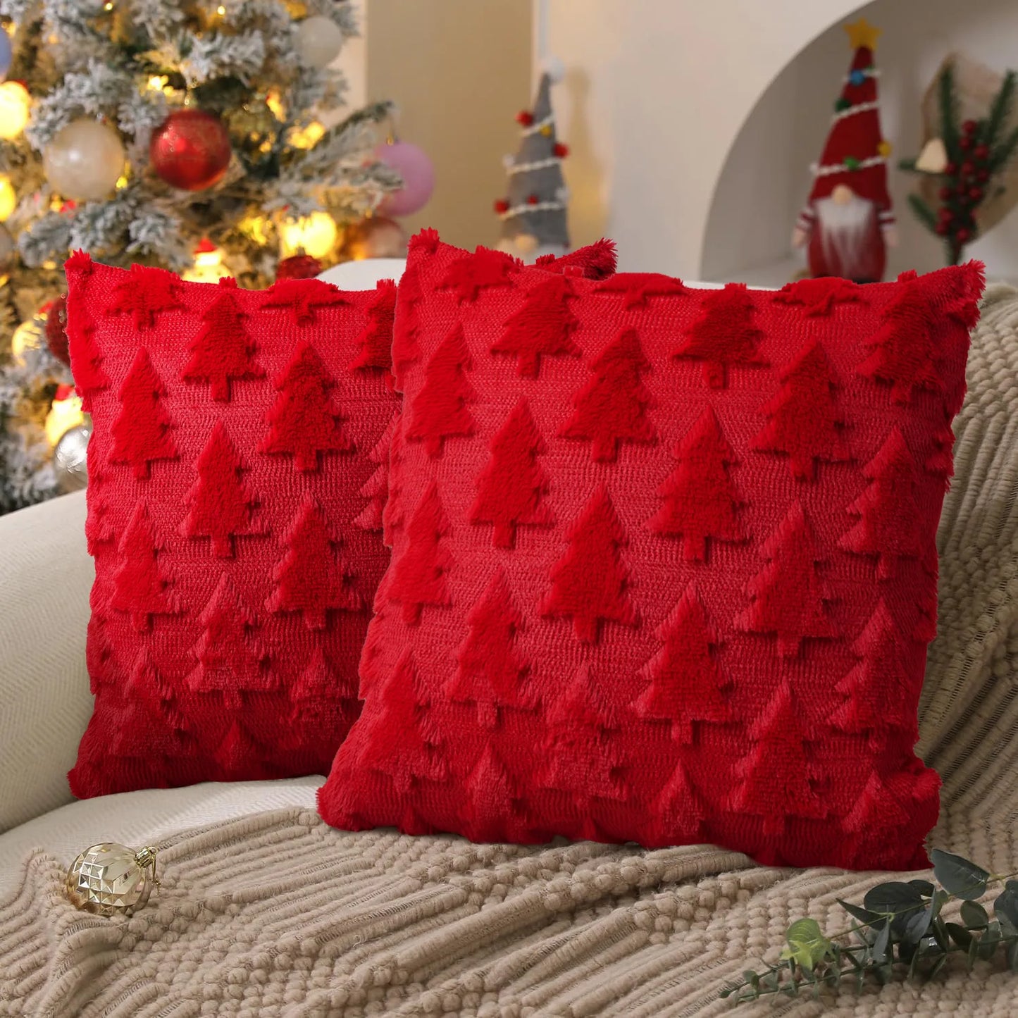 45x45cm Weihnachts Kissenbezug – Gestepptes Plüsch Design | Stern & Tannenbaum Motiv Sofakissen Bezug für Wohnzimmer Deko