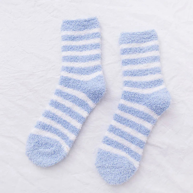 Damen Herbst & Winter Gestreifte Korallenfleece-Schlafsocken | Dicke Warme Wadenlange Haussocken Kaufschwan® Dunkelblau Einheitsgröße