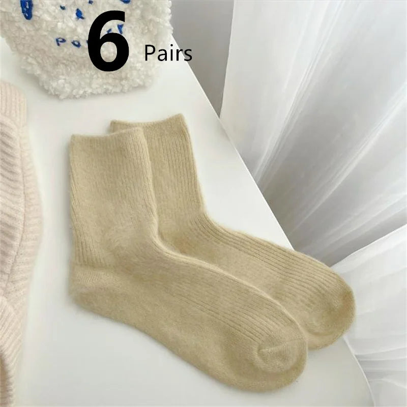 1-12 Paare Damen Herbst Winter Dicke Warme Mittellange Socken | Modische Macaron Farbige Flauschige Bequeme Freizeit Socken Kaufschwan® 6 Paare - Khaki Einheitsgröße