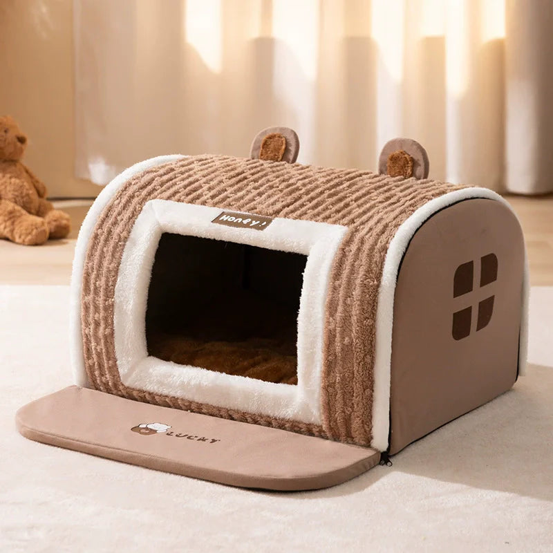 Winter Warmes Haustierbett – Großes Plüsch Baumwoll Hund- & Katzenbett Kaufschwan® Beige S