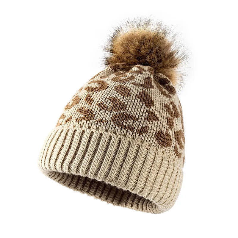 Leopardenmuster Strickmütze – Wollmütze mit Umschlagkante & Bommel | Dicke Herbst & Winter Beanie für Damen & Herren Beschreibung: Kaufschwan® Beige Einheitsgröße