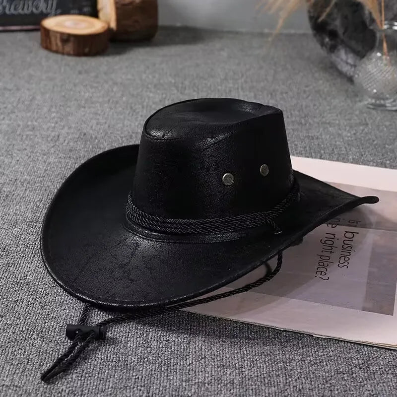 Kunstleder Western Cowboy Hut für Damen & Herren – Vintage Gentleman Dress Hat, Panama Cowgirl Jazz Cap, Klassischer Sombrero Kaufschwan® Schwarz 2 56-58CM