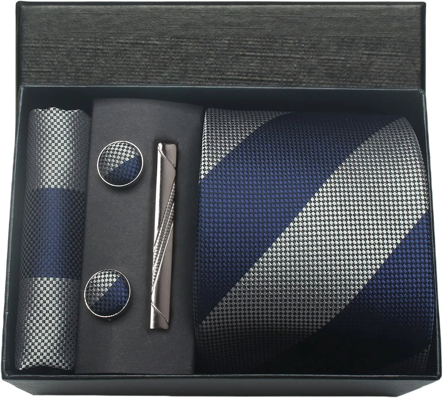 Herren Krawatten-Set aus 100% Seide – 8 cm Krawatte mit Einstecktuch & Manschettenknöpfen | Klassisches Geschenkset für Business & Hochzeit