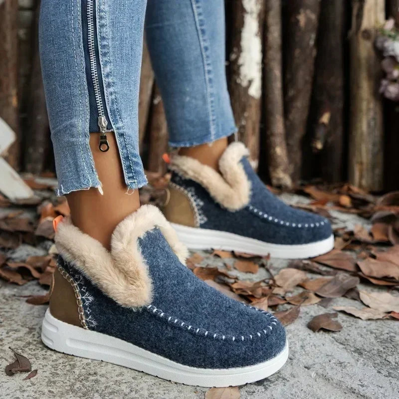 Damen Winterstiefel – Runde Zehenform Schneestiefel mit Kunstfell Futter | Flache Kurzschaft Stiefel mit Warmem Fleece für Damen