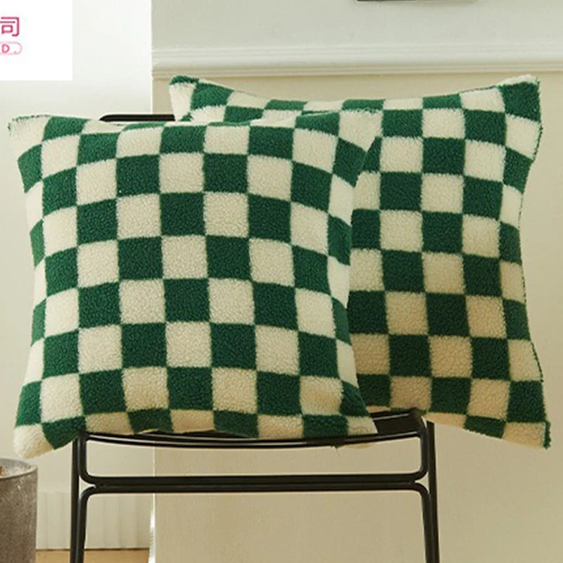 Schwarzer Kunstfell Woll Kissenbezug | Karierter Bezug für Sofa, Couch & Wohnzimmer | Wohnraum-Deko Kaufschwan® Grün 50x50cm