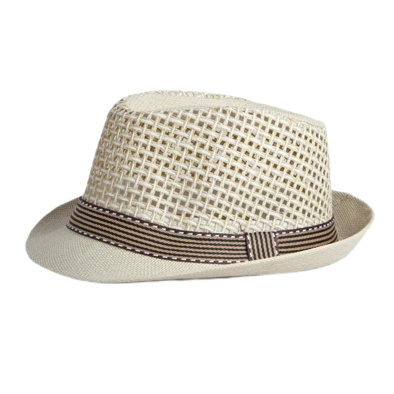 Retro Sonnenhut – Britischer Top Hat Stil, Geometrischer Strohhut mit Gürtel, Unisex Strand & Partner Fedoras