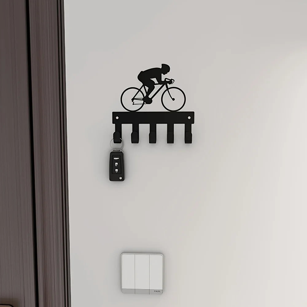 Schwarzer Metall Schlüsselhalter für die Wand – Klebender Schlüssel Organizer mit 5 Haken | Dekorativer Fahrrad & Reiter Hakenhalter