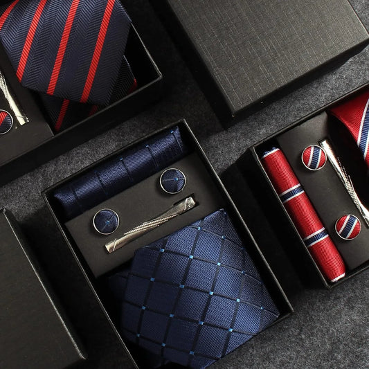 Herren Krawatten-Set aus 100% Seide – 8 cm Krawatte mit Einstecktuch & Manschettenknöpfen | Klassisches Geschenkset für Business & Hochzeit Kaufschwan®