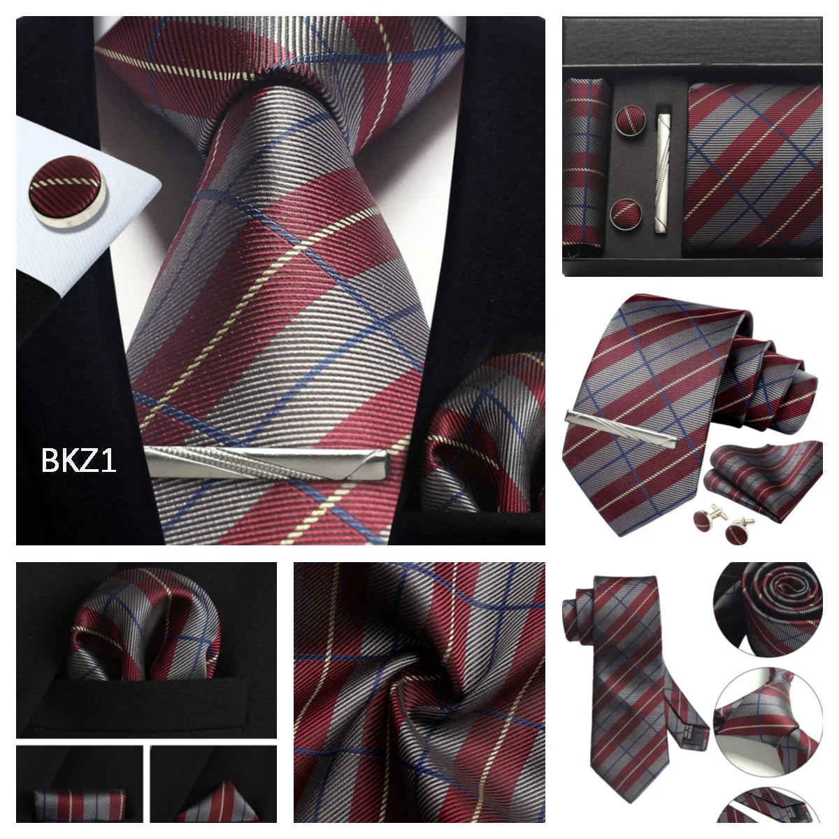 Herren Krawatten-Set aus 100% Seide – 8 cm Krawatte mit Einstecktuch & Manschettenknöpfen | Klassisches Geschenkset für Business & Hochzeit Kaufschwan®