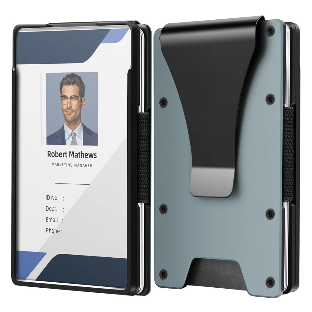 Minimalistische Geldbörse für Herren – Schlanke Aluminium Metall Geldbörse mit Geldklammer & Klarem ID-Fach | Platz für bis zu 15 Karten Kaufschwan® Hellblau