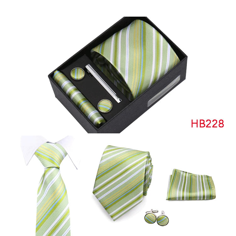 Herren Jacquard-Krawatten-Set 8 cm – Elegante Krawatte mit Einstecktuch, Manschettenknöpfen & Krawattenklammer | Luxus-Geschenkbox für Hochzeit & Business
