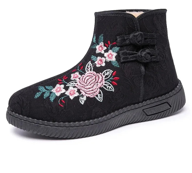 Damen Bestickte Schneestiefel – Mittelhohe Baumwollstiefel mit Kunstfell Fleece Futter | Warme Winter Schuhe für Mütter