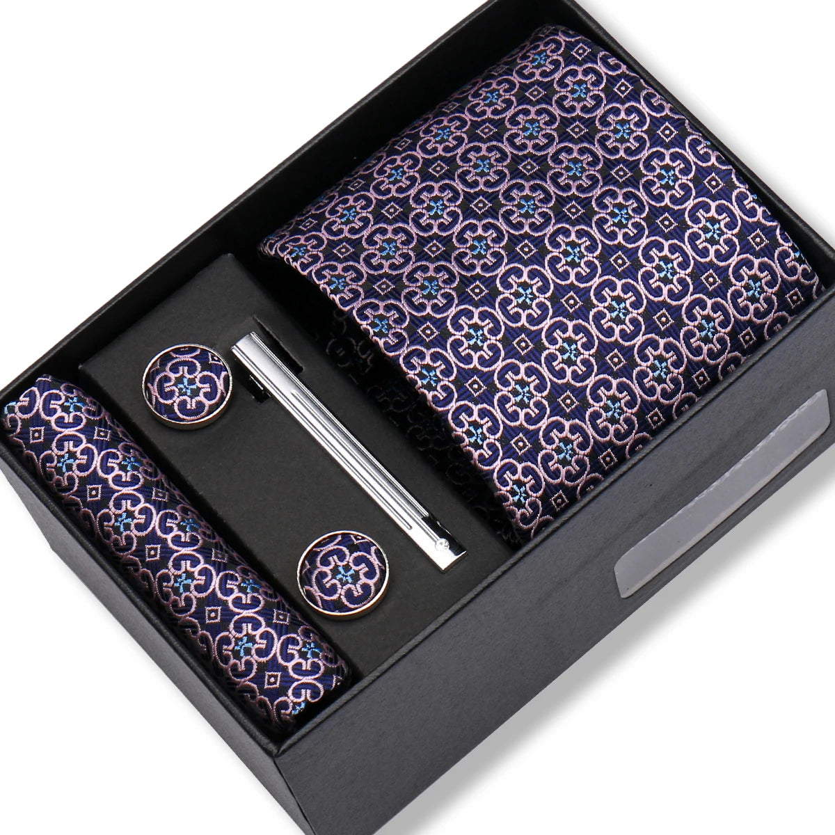 Herren Jacquard-Krawatten-Set 8 cm – Elegante Krawatte mit Einstecktuch, Manschettenknöpfen & Krawattenklammer | Luxus-Geschenkbox für Hochzeit & Business