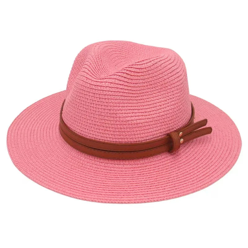 Großer Strohhut für Damen & Herren – Sommer Fedora mit breiter Krempe, Strand Sonnenhut mit UV-Schutz Kaufschwan® Rosa 56-58cm
