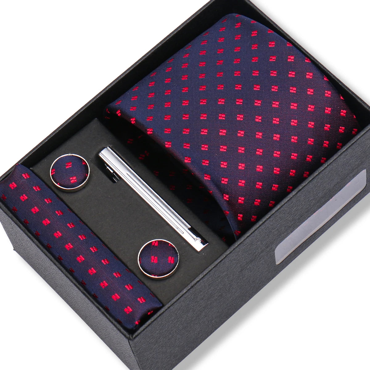 Herren Jacquard-Krawatten-Set 8 cm – Elegante Krawatte mit Einstecktuch, Manschettenknöpfen & Krawattenklammer | Luxus-Geschenkbox für Hochzeit & Business