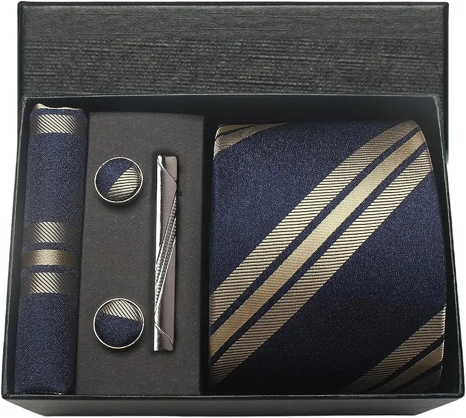 Herren Krawatten-Set aus 100% Seide – 8 cm Krawatte mit Einstecktuch & Manschettenknöpfen | Klassisches Geschenkset für Business & Hochzeit