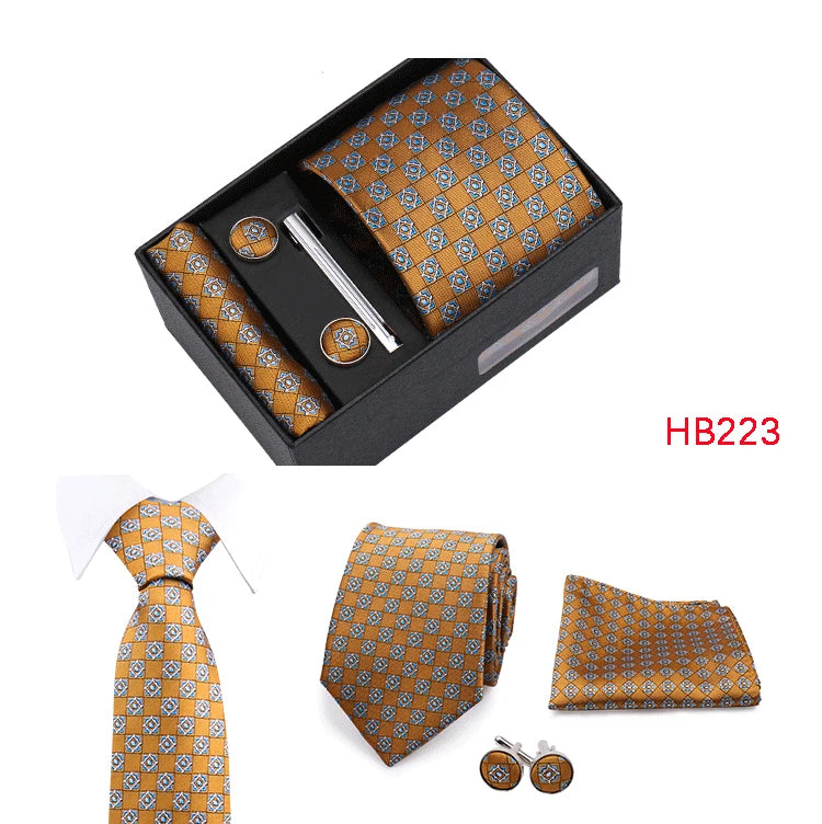 Herren Jacquard-Krawatten-Set 8 cm – Elegante Krawatte mit Einstecktuch, Manschettenknöpfen & Krawattenklammer | Luxus-Geschenkbox für Hochzeit & Business Kaufschwan®