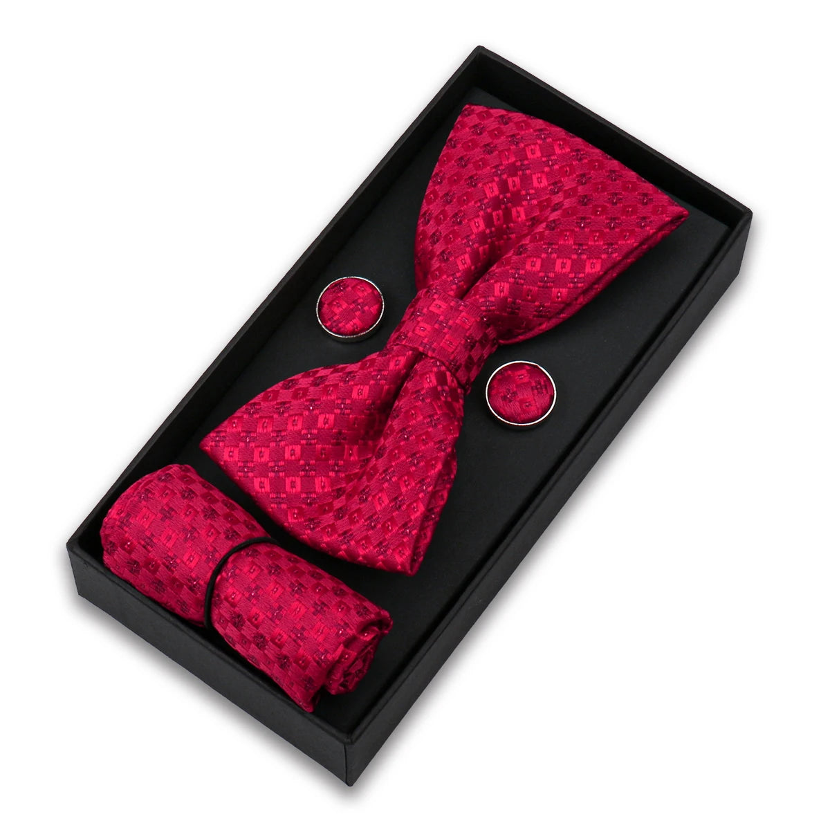 Herren Fliegen-Set – 3-teiliges Geschenkset mit Fliege, Einstecktuch & Manschettenknöpfen | Elegantes Rotes Accessoire für Business & Hochzeit