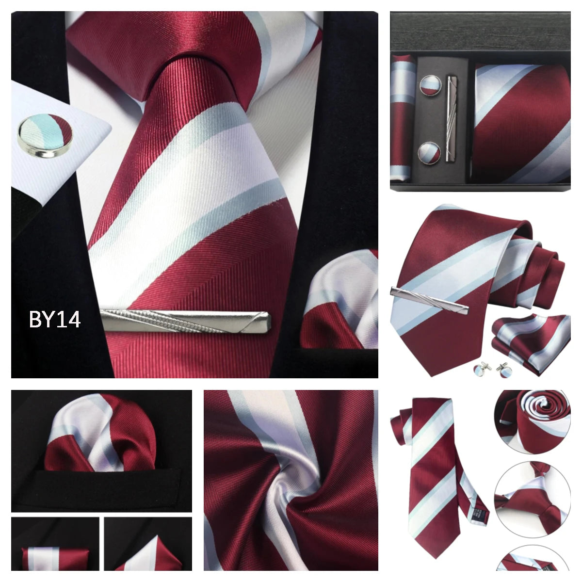 Herren Krawatten-Set aus 100% Seide – 8 cm Krawatte mit Einstecktuch & Manschettenknöpfen | Klassisches Geschenkset für Business & Hochzeit