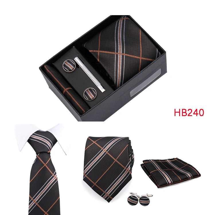 Herren Jacquard-Krawatten-Set 8 cm – Elegante Krawatte mit Einstecktuch, Manschettenknöpfen & Krawattenklammer | Luxus-Geschenkbox für Hochzeit & Business
