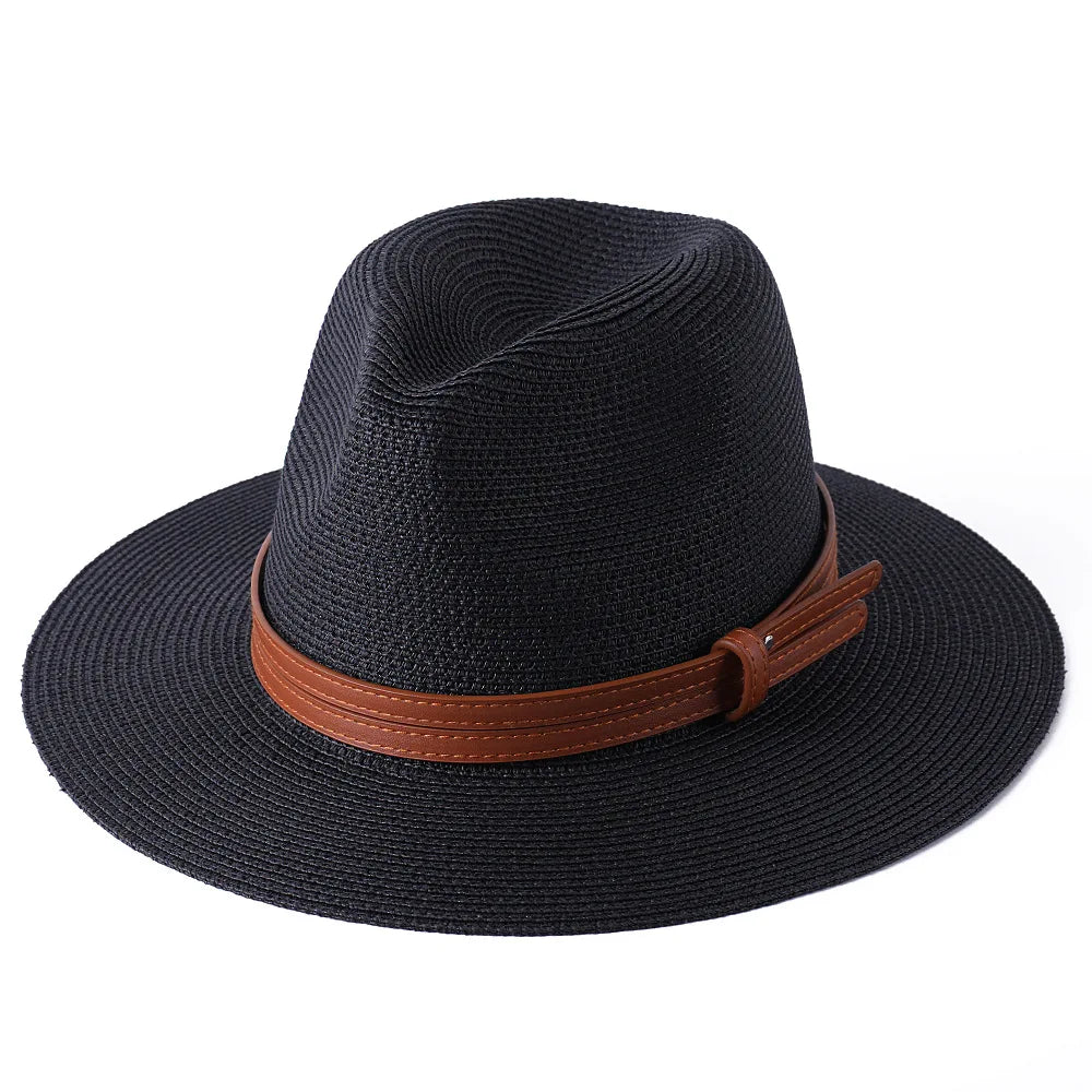 Großer Strohhut für Damen & Herren – Sommer Fedora mit breiter Krempe, Strand Sonnenhut mit UV-Schutz Kaufschwan® Schwarz 56-58cm