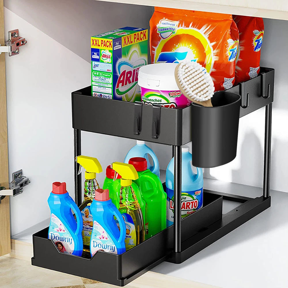 2-stufiger Unter-Spülbecken Organizer – Schiebbares Schrankregal mit K – Kaufschwan®