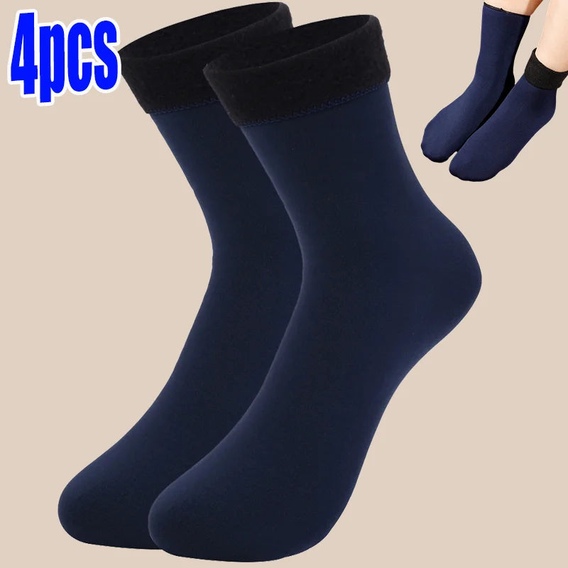 Winter Thermosocken für Damen | Samt Nylon Plüsch Fleece Gefüttert | -30°C Warm, Nahtlos Verdickt Schneesocken | Unisex Bequeme Haussocken Kaufschwan® Dunkelblau - 4 Stück