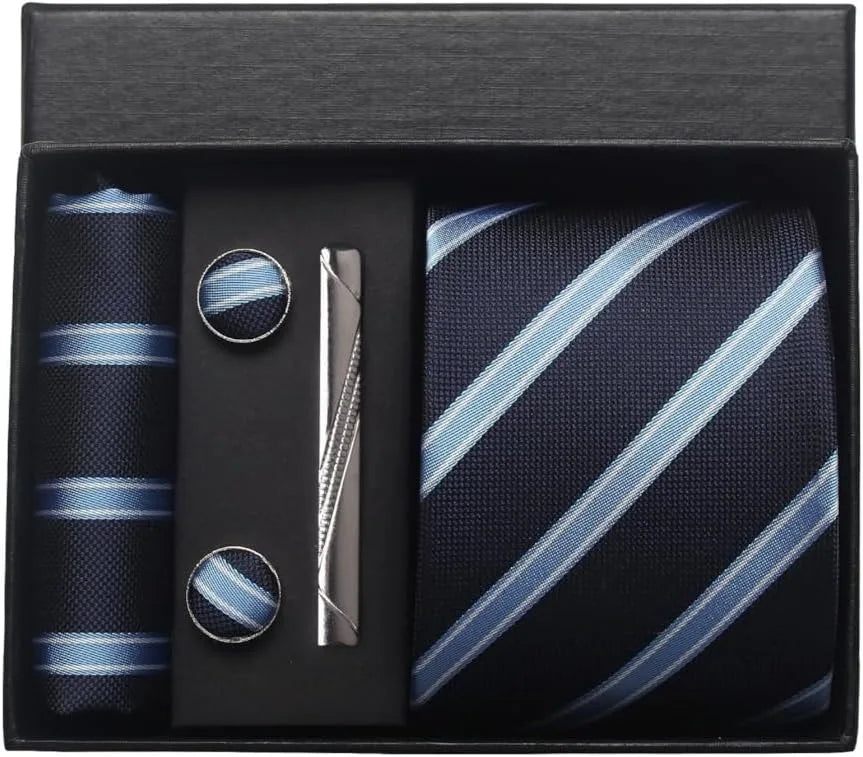 Herren Krawatten-Set aus 100% Seide – 8 cm Krawatte mit Einstecktuch & Manschettenknöpfen | Klassisches Geschenkset für Business & Hochzeit