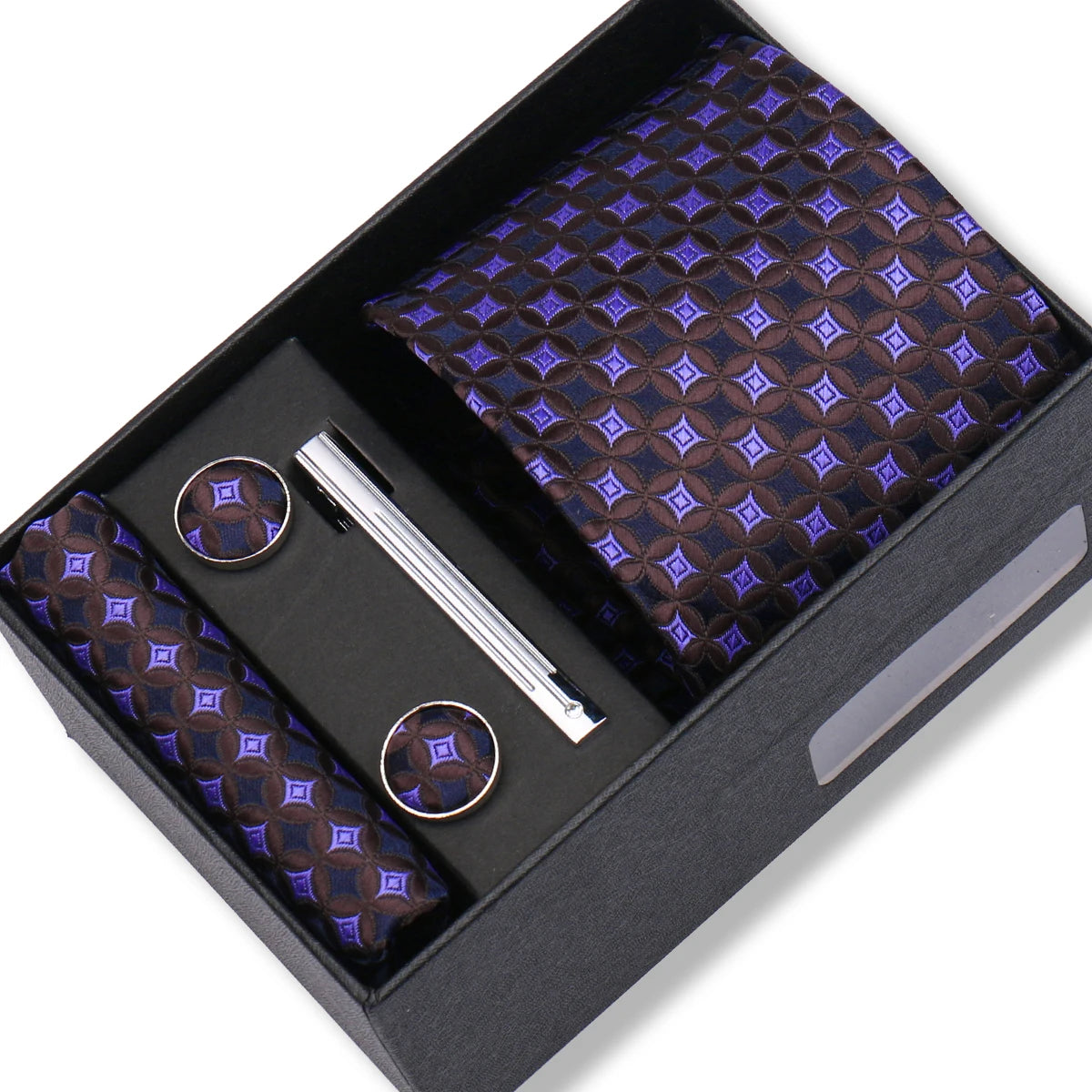 Herren Jacquard-Krawatten-Set 8 cm – Elegante Krawatte mit Einstecktuch, Manschettenknöpfen & Krawattenklammer | Luxus-Geschenkbox für Hochzeit & Business