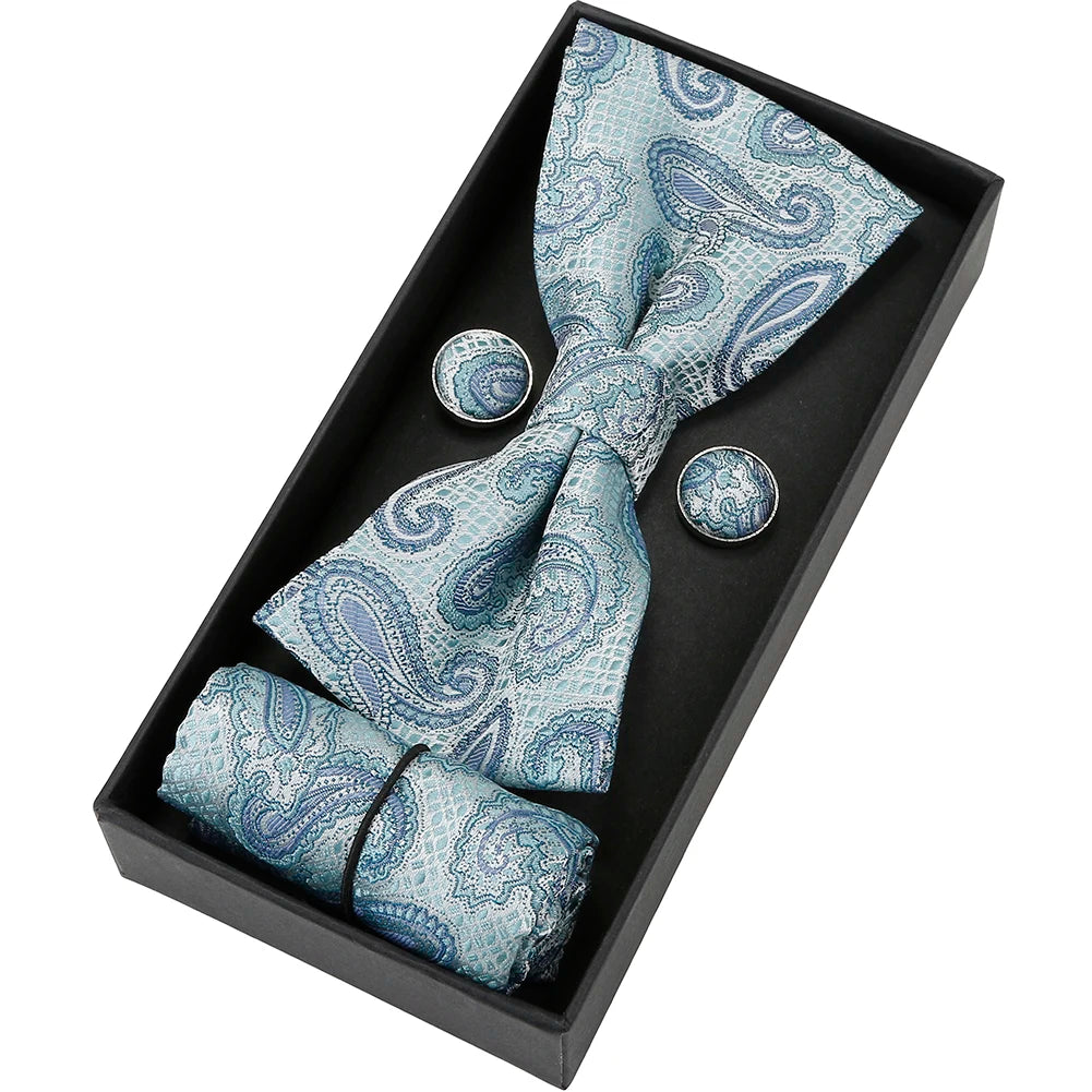 Herren Fliegen-Set mit Blumen-Paisley-Muster – 3-teiliges Geschenkset mit Fliege, Einstecktuch & Manschettenknöpfen | Elegantes Accessoire für Hochzeit & Business