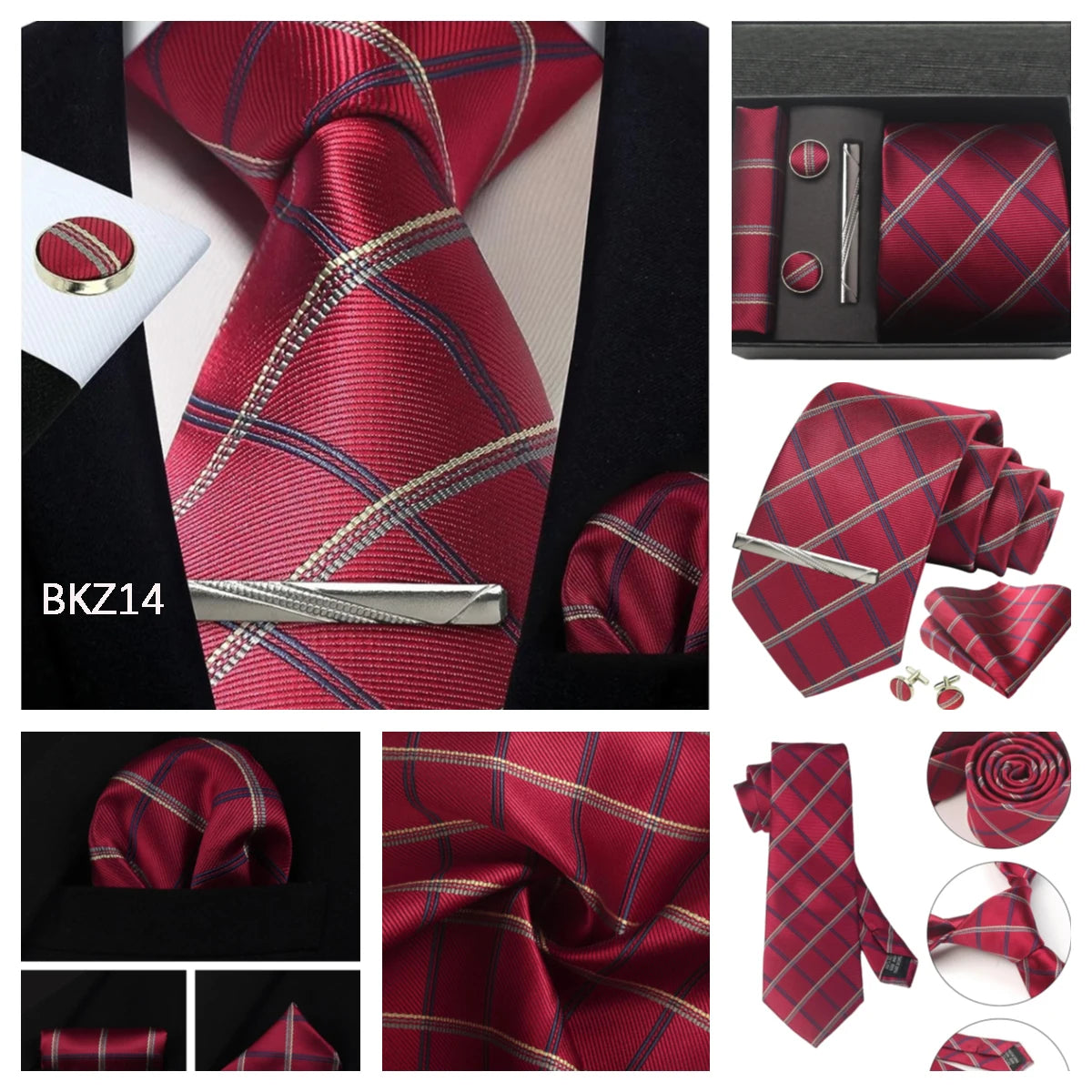 Herren Krawatten-Set aus 100% Seide – 8 cm Krawatte mit Einstecktuch & Manschettenknöpfen | Klassisches Geschenkset für Business & Hochzeit Kaufschwan®
