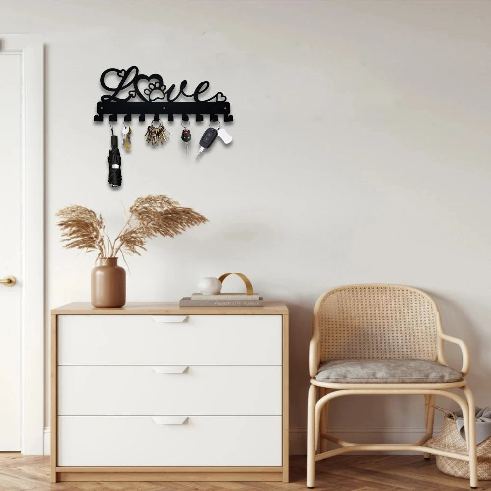 LOVE Metall Schlüsselhalter – Schwarzer Wandhaken aus Eisen mit 10 Haken | Dekorative Organizer-Leiste für Handtücher, Taschen, Kleidung, Caps & Schlüssel