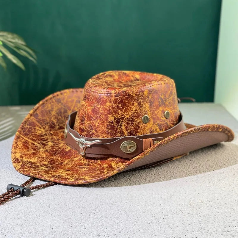 Kunstleder Western Cowboy Hut für Damen & Herren – Vintage Gentleman Dress Hat, Panama Cowgirl Jazz Cap, Klassischer Sombrero