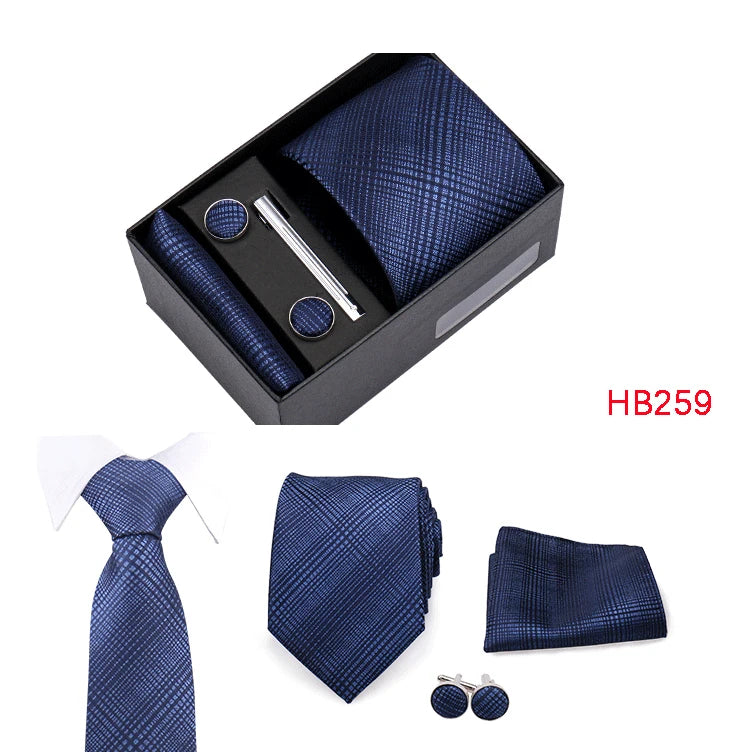 Herren Jacquard-Krawatten-Set 8 cm – Elegante Krawatte mit Einstecktuch, Manschettenknöpfen & Krawattenklammer | Luxus-Geschenkbox für Hochzeit & Business