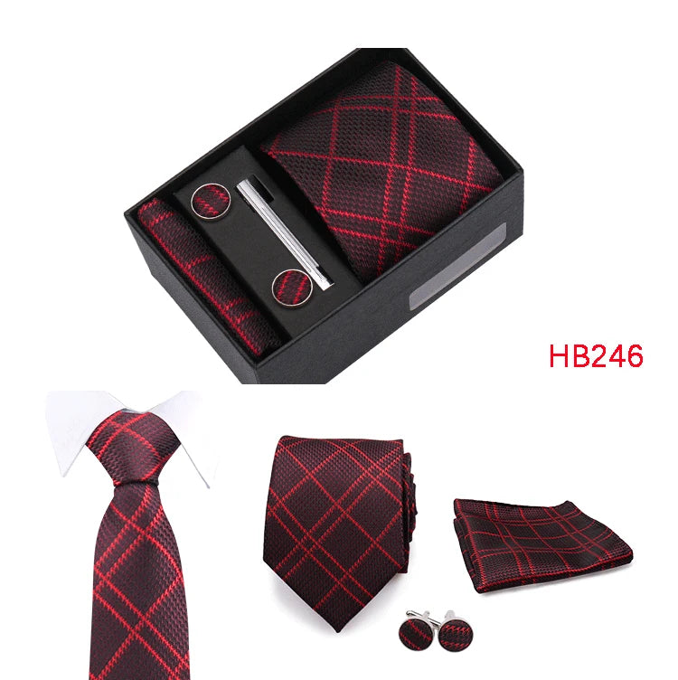 Herren Jacquard-Krawatten-Set 8 cm – Elegante Krawatte mit Einstecktuch, Manschettenknöpfen & Krawattenklammer | Luxus-Geschenkbox für Hochzeit & Business