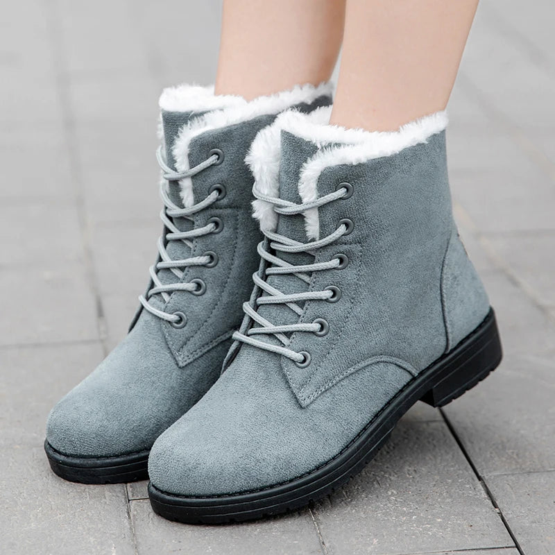 Damen Schneestiefel – Flache Plateau Winter Schuhe | Warme Kunstfell Gefütterte Plüsch Stiefel für Damen | Bequeme Winter Schuhe