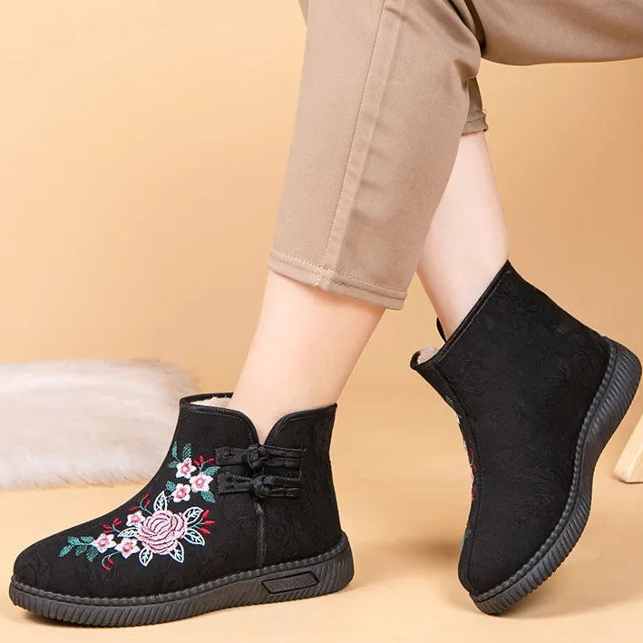 Damen Bestickte Schneestiefel – Mittelhohe Baumwollstiefel mit Kunstfell Fleece Futter | Warme Winter Schuhe für Mütter