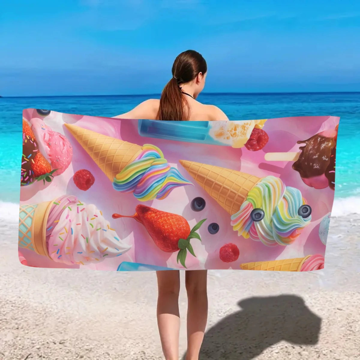 Strandtuch mit Eiscreme-Motiv – Schnell Trocknendes & Saugfähiges Mikrofaser Handtuch | Lustiges Sommer Handtuch für Reisen, Sport & Yoga