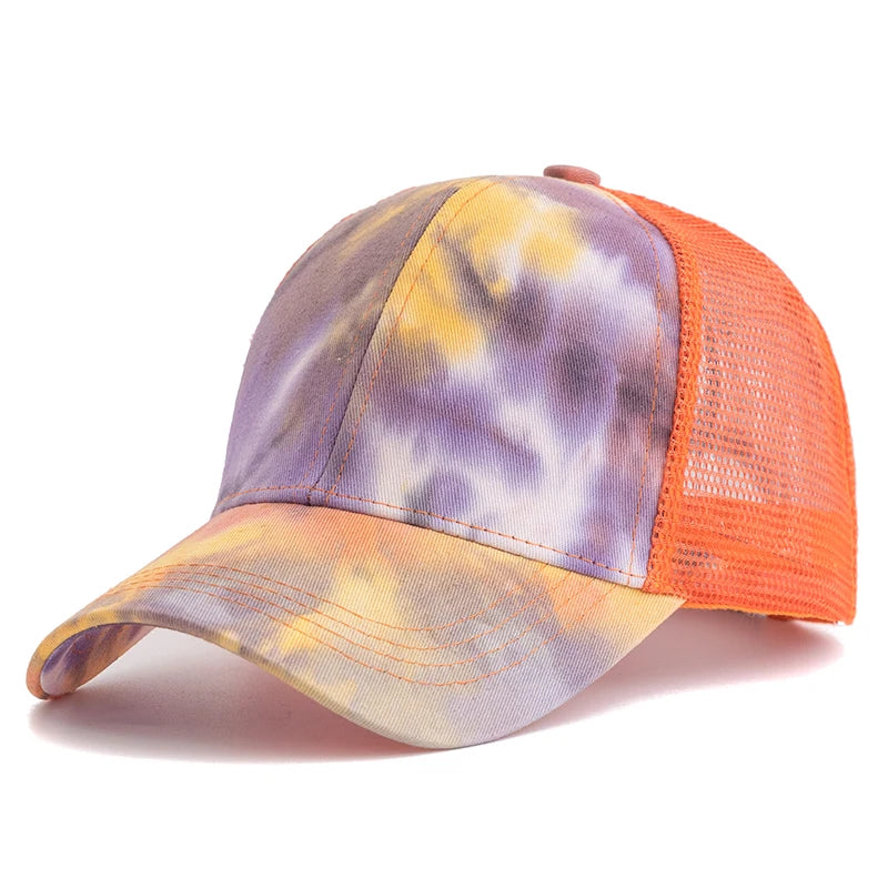 Neue Damen Ponytail Kappe | Tie-Dye Baseballkappe | Streetwear Trucker Hat Kaufschwan® Orange 56cm-60cm